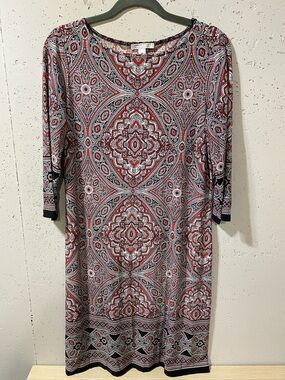 London Style Red and Black Long Sleeve V-Neck Medallion Dress